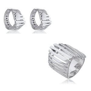 Conjunto de brinco e anel liso banho em rodio branco