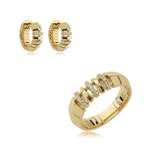 Conjunto de brinco e anel cravejado de zirconia cristal banho em ouro 18k