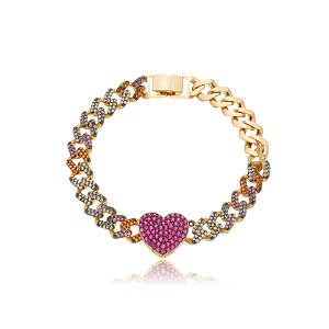 Pulseira de coração cravejada com zirconia colorida banho em ouro 18k