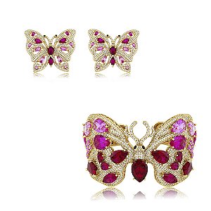Conjunto luxo borboleta de brinco e bracelete com zircônia pink banho em ouro 18k