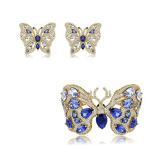 Conjunto luxo borboleta de brinco e bracelete cravejado zircônia topázio banho em ouro 18k