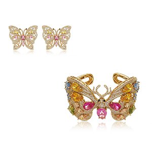 Conjunto brinco e bracelete borboleta de luxo cravejado de zircônia colorida banho em ouro 18k