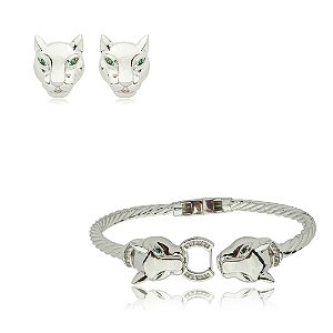 Conjunto de brinco e bracelete liso banho em rodio branco