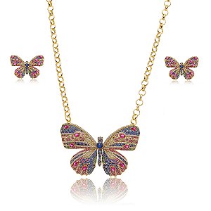 Conjunto de brinco e colar de borboleta com zirconia colorida banho em ouro 18k
