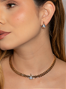 Conjunto de brinco e colar cravejado de zircônia safira banho em ouro 18k