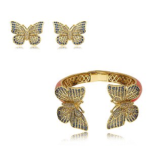 Conjunto de brinco e pulseira de borboleta esmaltado com zirconia banho em ouro 18k