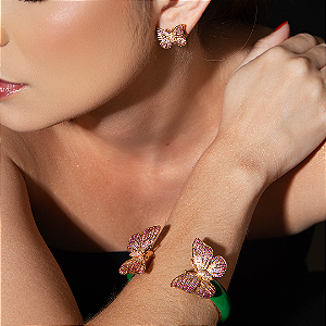 Conjunto de brinco e pulseira de borboleta esmaltado com zirconia banho em ouro 18k