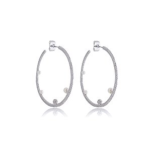 Brinco de argola com perola cravejado banho em rodio branco
