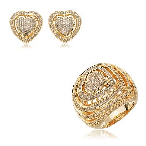 Conjunto brinco e anel de coração cravejado de zirconia cristal banho em ouro 18k