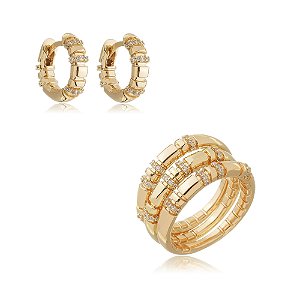 Conjunto de brinco e anel com zircônia cristal banho em ouro 18k