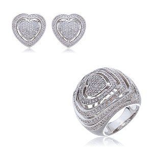 Conjunto de brinco e anel de coração com zircônia cristal banho em ródio branco
