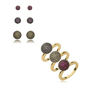 Conjunto brinco e anel cravejado de zirconia azul banho em ouro 18k