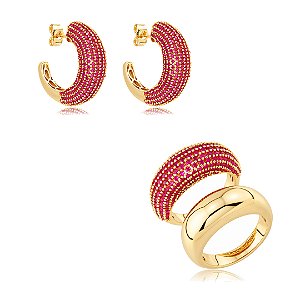 Conjunto de brinco e anel cravejado de zircônia pink banho em ouro 18k