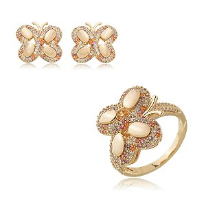 Conjunto de brinco e anel de borboleta cravejado de zirconia cristal banho em ouro 18k