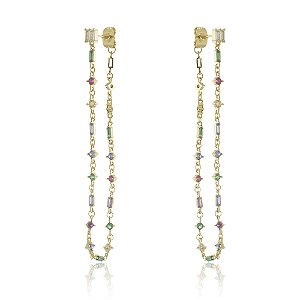 Brinco cravejado de zircônia colorida banho em ouro 18k