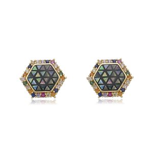 Brinco de base cravejado de zirconia colorida banho em ouro 18k