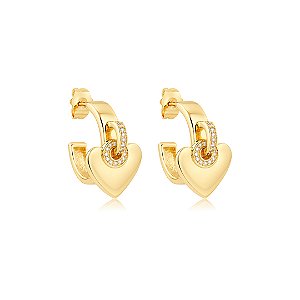 Brinco de argola com coração cravejado de zircônia cristal banho em ouro 18k