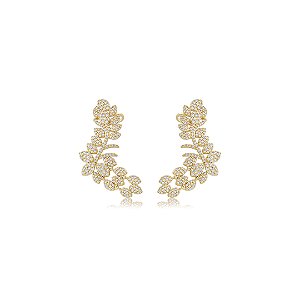 Brinco ear cuff flor cravejado de zircônia cristal banho em ouro 18k