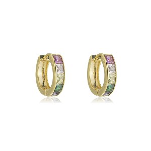 Brinco de argola cravejado de zirconia colorida banho em ouro 18k