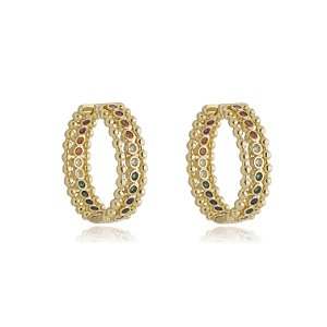 Brinco de argola cravejado de zirconia colorida banho em ouro 18k
