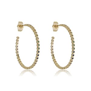 Brinco de argola cravejado de zirconia colorida banho em ouro 18k