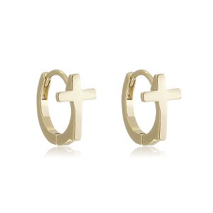 Brinco de argola pingente de cruz liso banho em ouro 18k