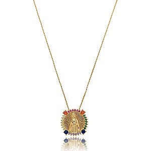 Colar com pingente cravejado de zirconia colorida banho em ouro 18k