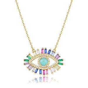 Colar com pingente cravejado de zircônia colorida banho em ouro 18k
