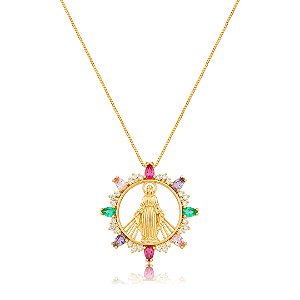 Colar com pingente religioso cravejado de zircônia colorida banho em ouro 18k