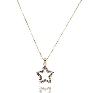 Colar com pingente cravejado de zirconia colorida banho em ouro 18k