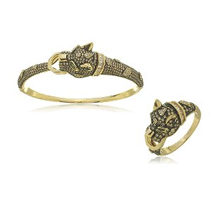 Conjunto de pulseira e anel cravejado de zirconia onix banho em ouro 18k
