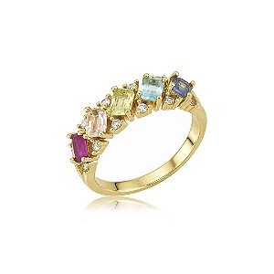 Anel cravejado de zircônia colorida banho em ouro 18k