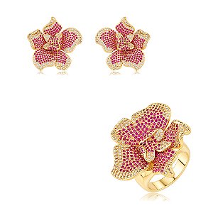 Conjunto flor de brinco e anel cravejado de zircônia pink banho em ouro 18k