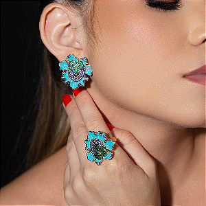 Conjunto de brinco e anel esmaltado com zircônia esmeralda e ametista banho em ouro 18k