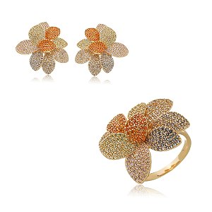 Conjunto luxo de flor brinco e anel cravejado de zircônia colorida banho em ouro 18k