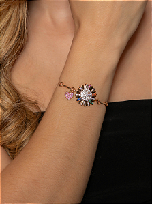 Pulseira de flor cravejada de zircônia colorida banho em ouro 18k
