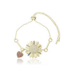Pulseira dourada cravejada de zirconia rainbow banho em ouro 18k