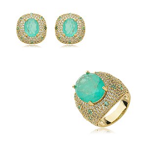 Conjunto de brinco e anel cravejado de zircônia cristal e pedra fusion turmalina banho em ouro 18k