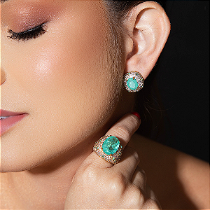 Conjunto de brinco e anel cravejado de zirconia e pedra fusion banho em ouro 18k