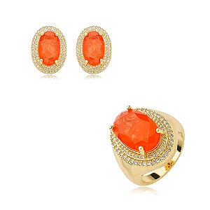 Conjunto de brinco e anel cravejado de zirconia e pedra fusion banho em ouro 18k