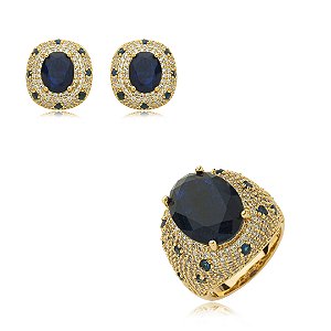 Conjunto de brinco e anel cravejado de zirconia e pedra fusion banho em ouro 18k