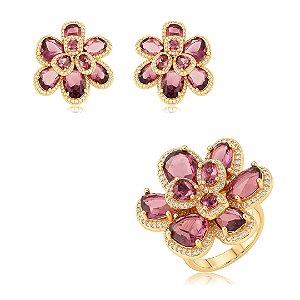 Conjunto de Brinco e Anel Flor com zircônia Ametista Banho em Ouro 18K