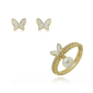 Conjunto de brinco e anel de perola cravejado de zirconia cristal banho em ouro 18k
