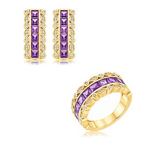 Conjunto de Brinco e Anel cravejado com zircônia Ametista Banho em Ouro 18K