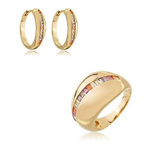 Conjunto de brinco e anel cravejado de zirconia rainbow banho em ouro 18k