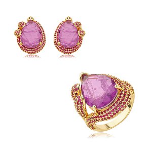 Conjunto brinco e anel cravejado de zirconia e pedra fusion banho em ouro 18k