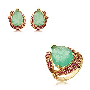 Conjunto de brinco e anel cravejado de zirconia e pedra fusion banho em ouro 18k