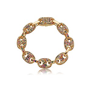 Pulseira cravejada de zirconia rainbow banho em ouro 18k