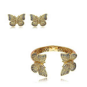 Conjunto de brinco e pulseira de borboleta esmaltado com zirconia banho em ouro 18k
