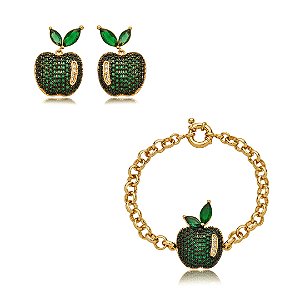Conjunto de pulseira e brinco de zirconia banho em ouro 18k